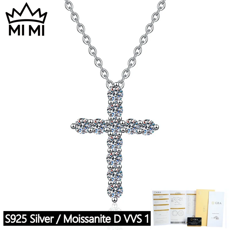 

MI MI 925 Sterling Silver Full-Cut Lab Created Moissanite Cross Pendant Necklace GRA Certified with Gift Box