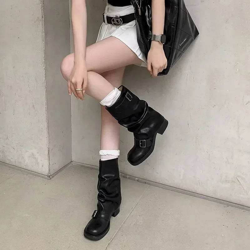 

Women Shoes Fashion Knight Boots for Women 2025 Autumn Brown PU Leather Mid Calf Boots New Woman Slip-On Thick Heel Riding Shoes
