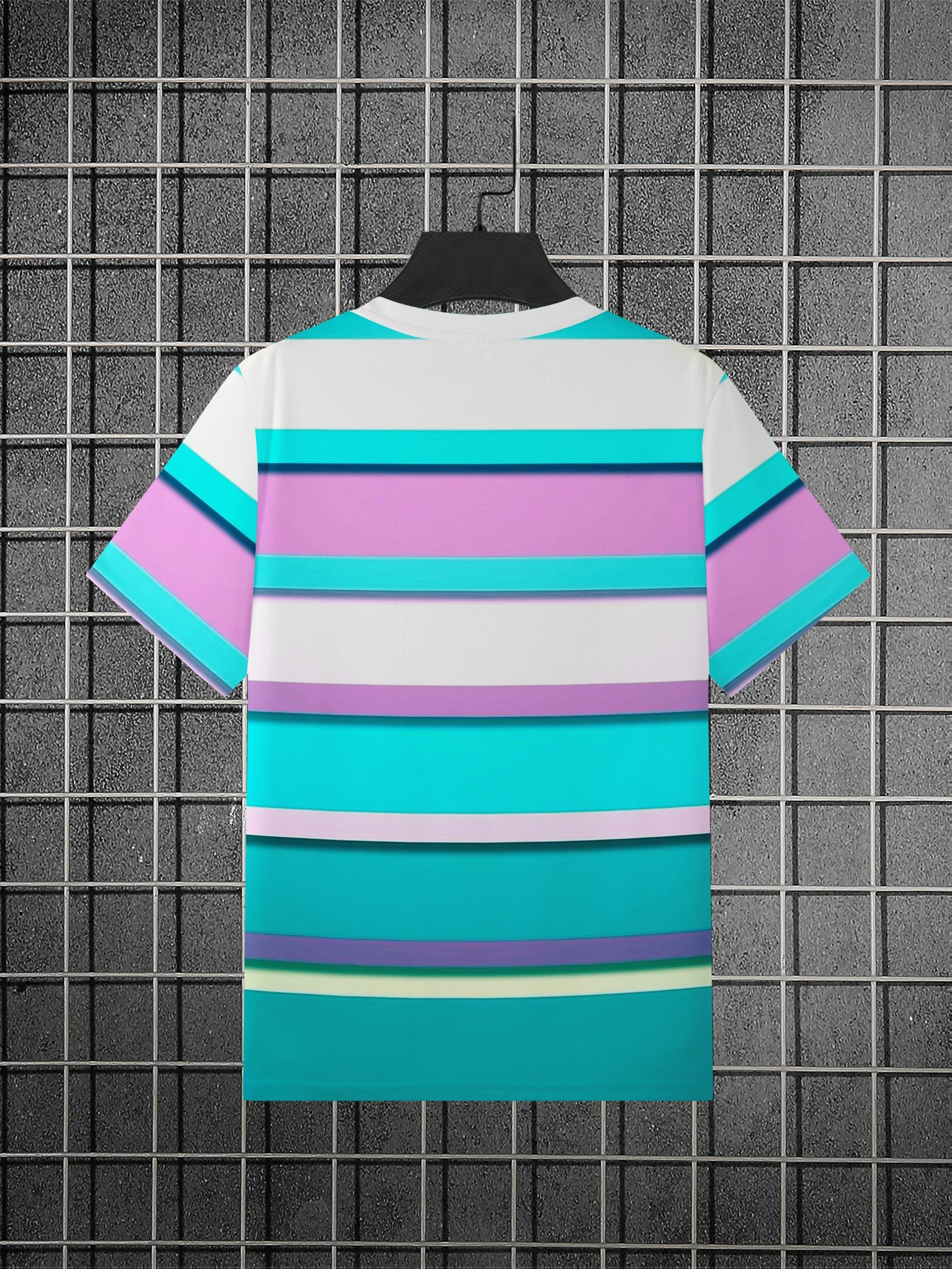 Men Colorful Striped T‑Shirt, Turquoise Purple White Stripe With Small Horse Chest Logo Short Sleeve Crew Neck Casual Tee Tops