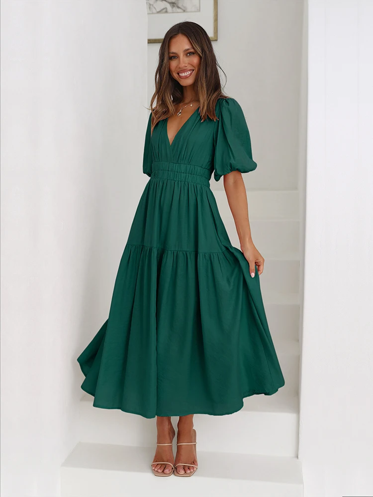 

Fashion Ladies Summer Vintage Dress Women Lantern Sleeve Ruffles Causal Dress V-neck High Waist Sexy Party Midi Beach Dresses