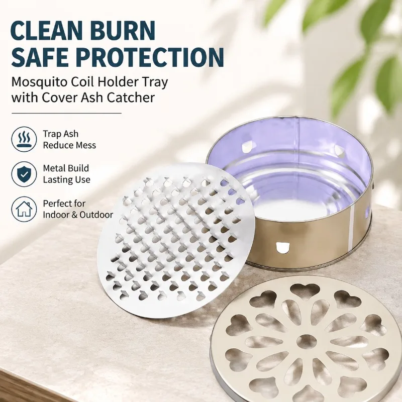 Mosquito Coil Holder Tray with Cover Ash Catcher, Triangular Incense Coil Burner Stand, Metal Ash Plate for Outdoor Indoor