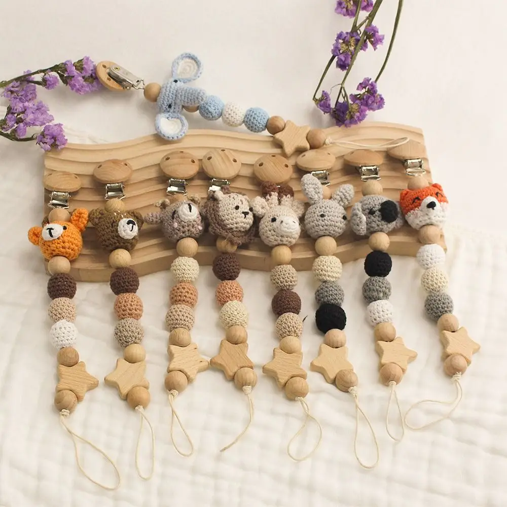 Cartoon Animal Teething Toys Beech Wood Anti-Drop Pacifier Holder Soother Chain Dummy Holder Baby Pacifier Clips