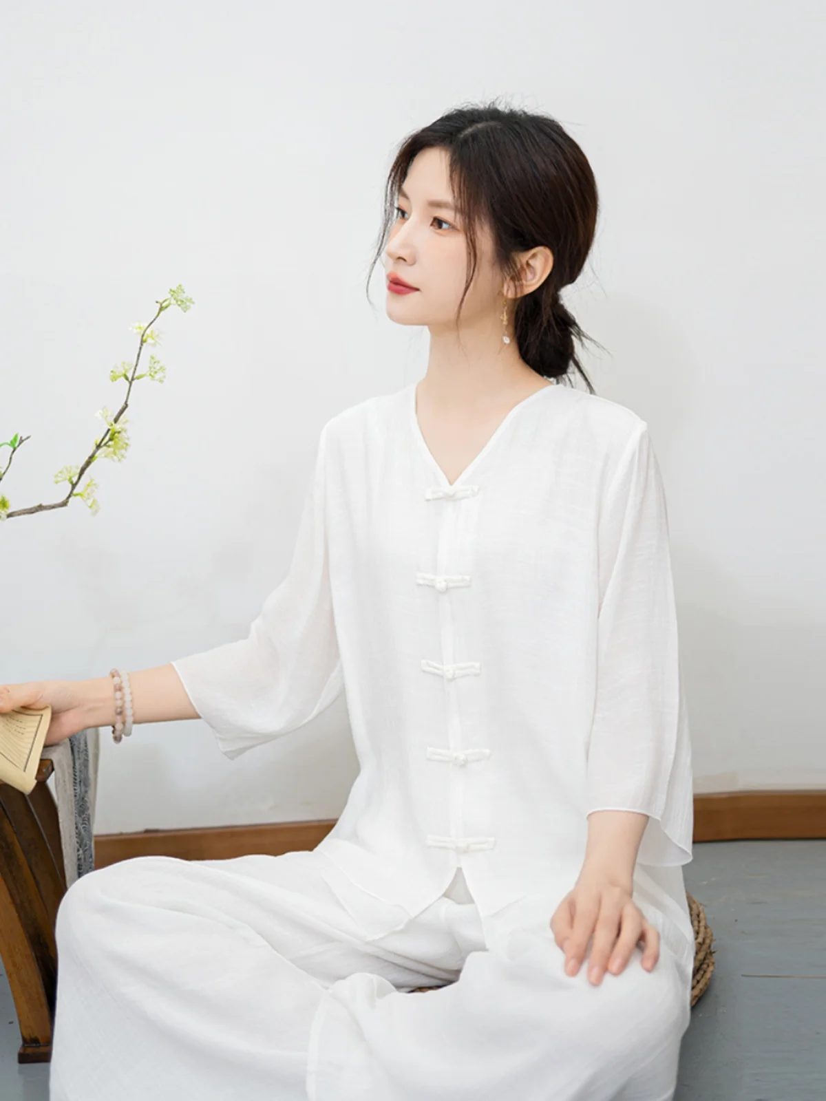 

New Chinese Zen Sle Women's Summer Outfit Two-Piece Set Button Front Long Pants Cotton V-Ne Sve Length Seven