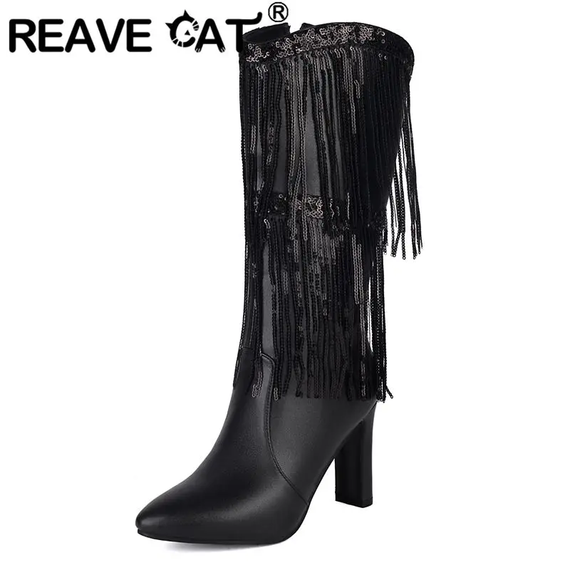 REAVE CAT 2027  Tassels Female Mid Calf Boots Pointed Toe High Heels 8.5cm Zip Big Sizes 40 42 US12 44 US14 Fashion Dating Bota