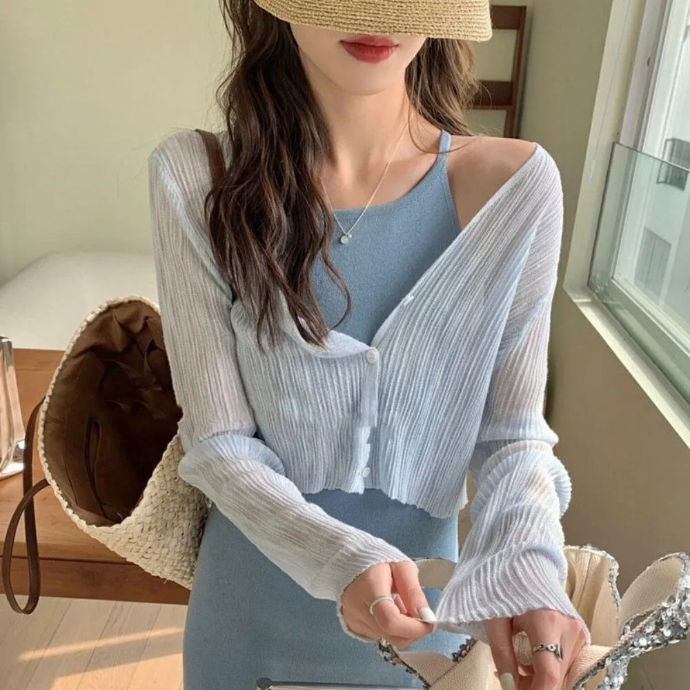 

Fashion Summer Hollow Out Blouses Thin Loose Knitwear Tops Beach Vacation Long Sleeve Casual Blouses Women