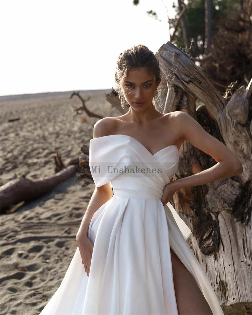 Sexy Beach Wedding Dresses Women Split Side One Shoulder Bride Dress 2023 Satin Wedding Gowns Summer Pleated Robe de Mariage