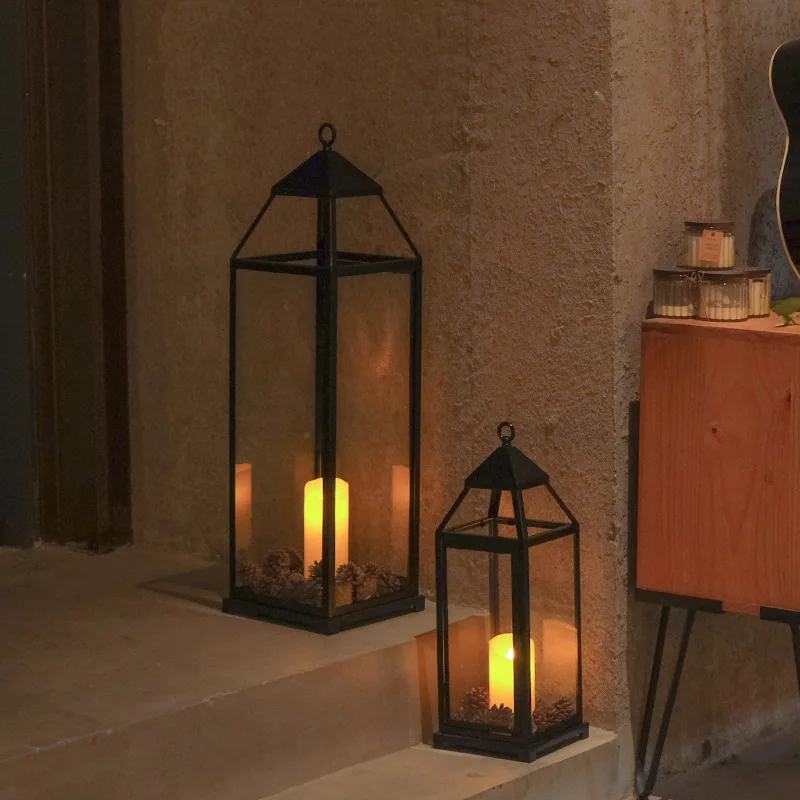 European black wrought iron floor-to-ceiling wind lamp tempered glass courtyard ornament soft decoration B & B hotel lobby