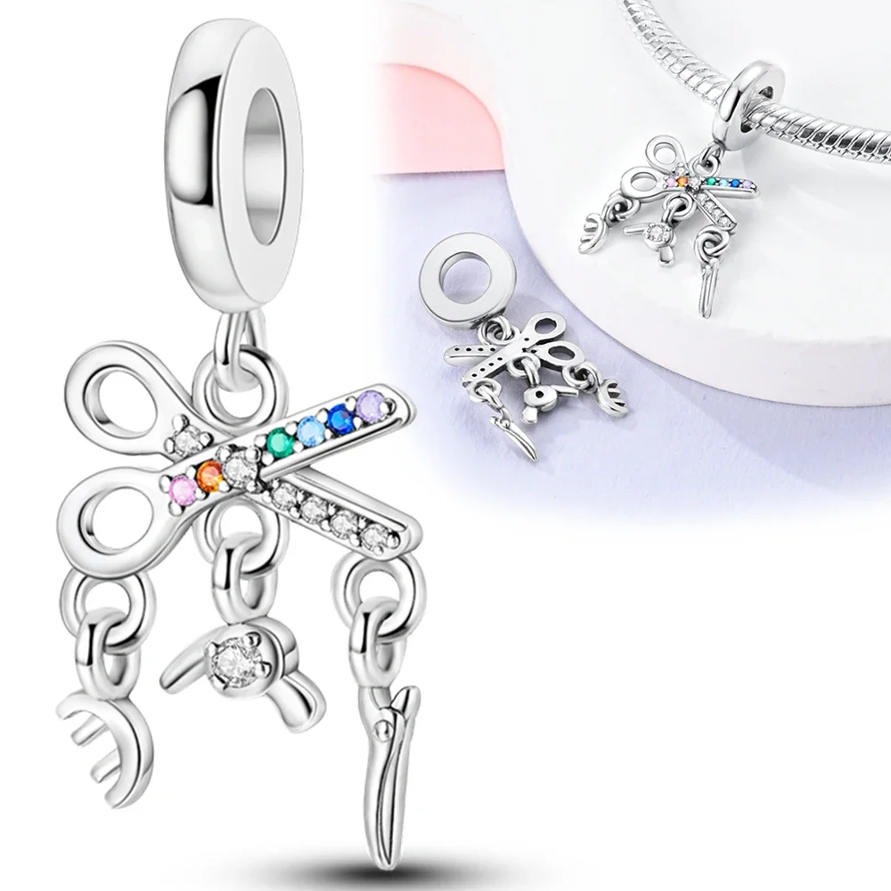 Charms Plata 925 Creative Scissors Stand Hair Comb Pendants Fit Original 925 Bracelets Charms For Women Jewelry DIY Making Gifts