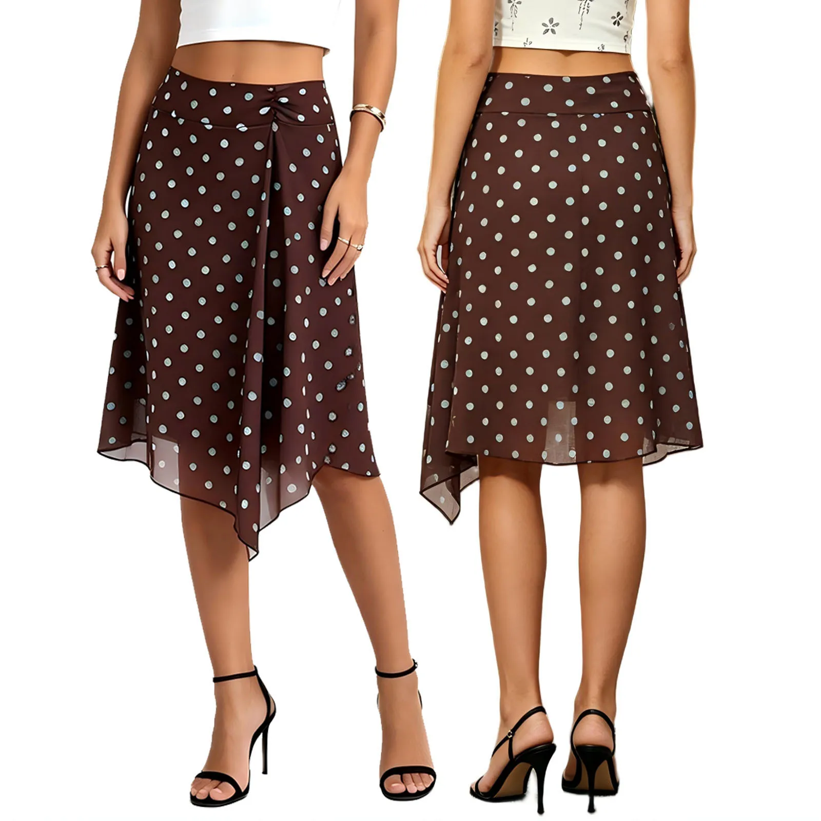 Womens Summer Midi Skirt A Line Stylish Dot Print Asymmetrical Hem Mid Rise Skirts