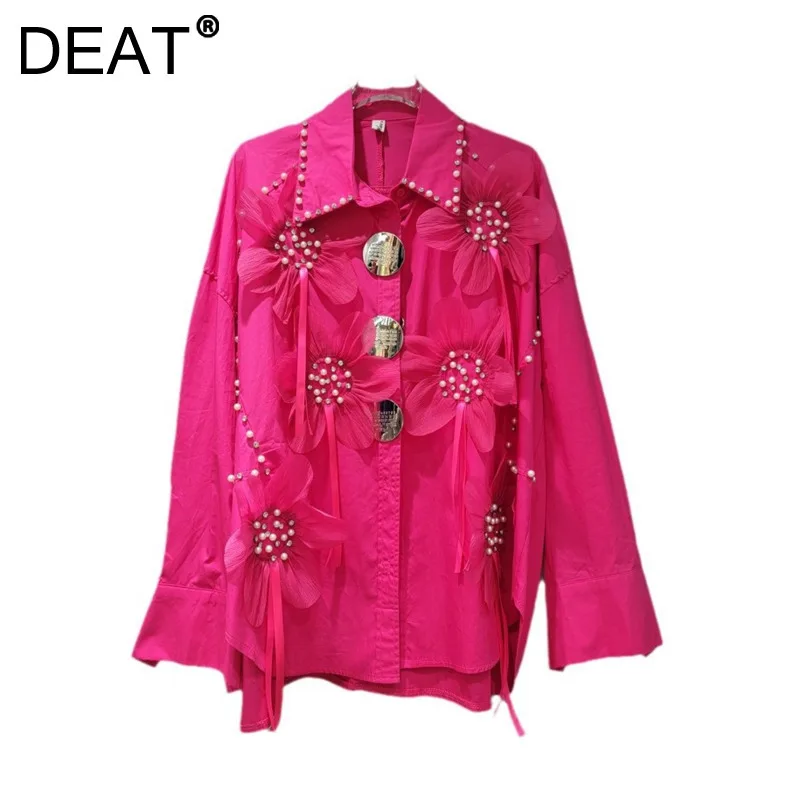 DEAT Women's Blouse Rose Pink 3d Flowers Metal Buttons Embroidered Flares Loose Causal Shirt 2025 New Fashion Spring 29L8886