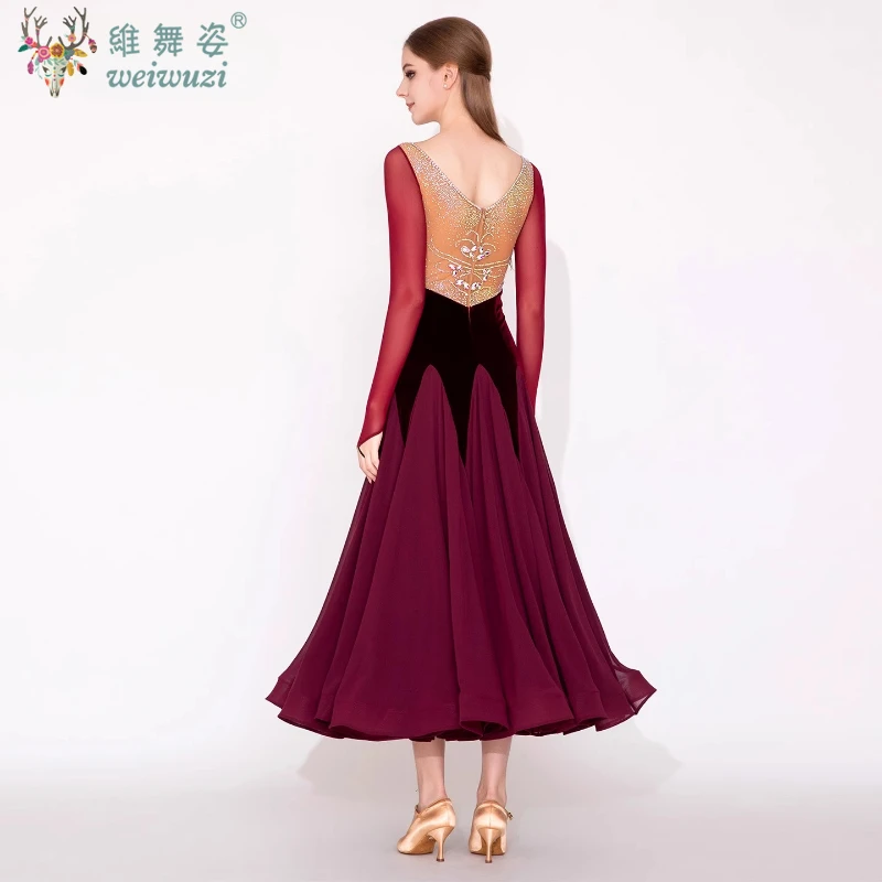 فستان رقص نسائي لقاعة الرقص مخملي بأكمام طويلة وأحجار الراين اللامعة فساتين رقص حديثة لمرحلة الفالس التانغو #4