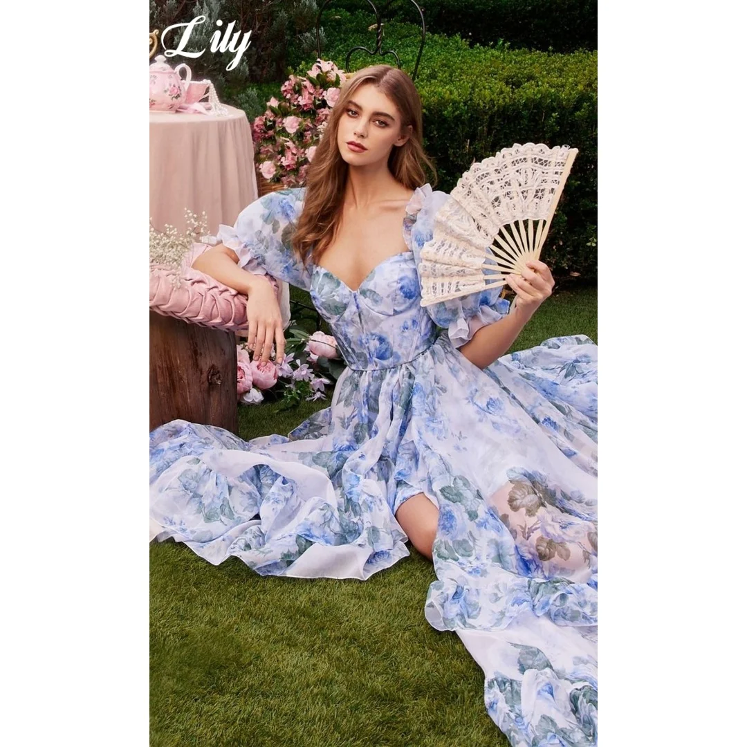 

Lily Romantic Floral Print Prom Dress Sweetheart Neck Puff Short Sleeve High Slit Formal Evening Party Gown For Women Customized