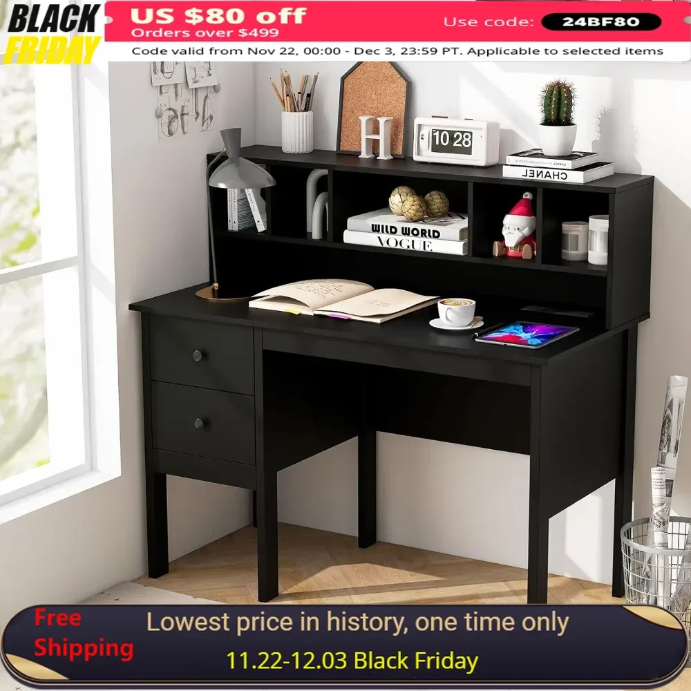 Computer Desk with Drawers & 5-Cubby Hutch, Power Outlets, USB Ports & Type-C, Modern Home Office Writing Desk