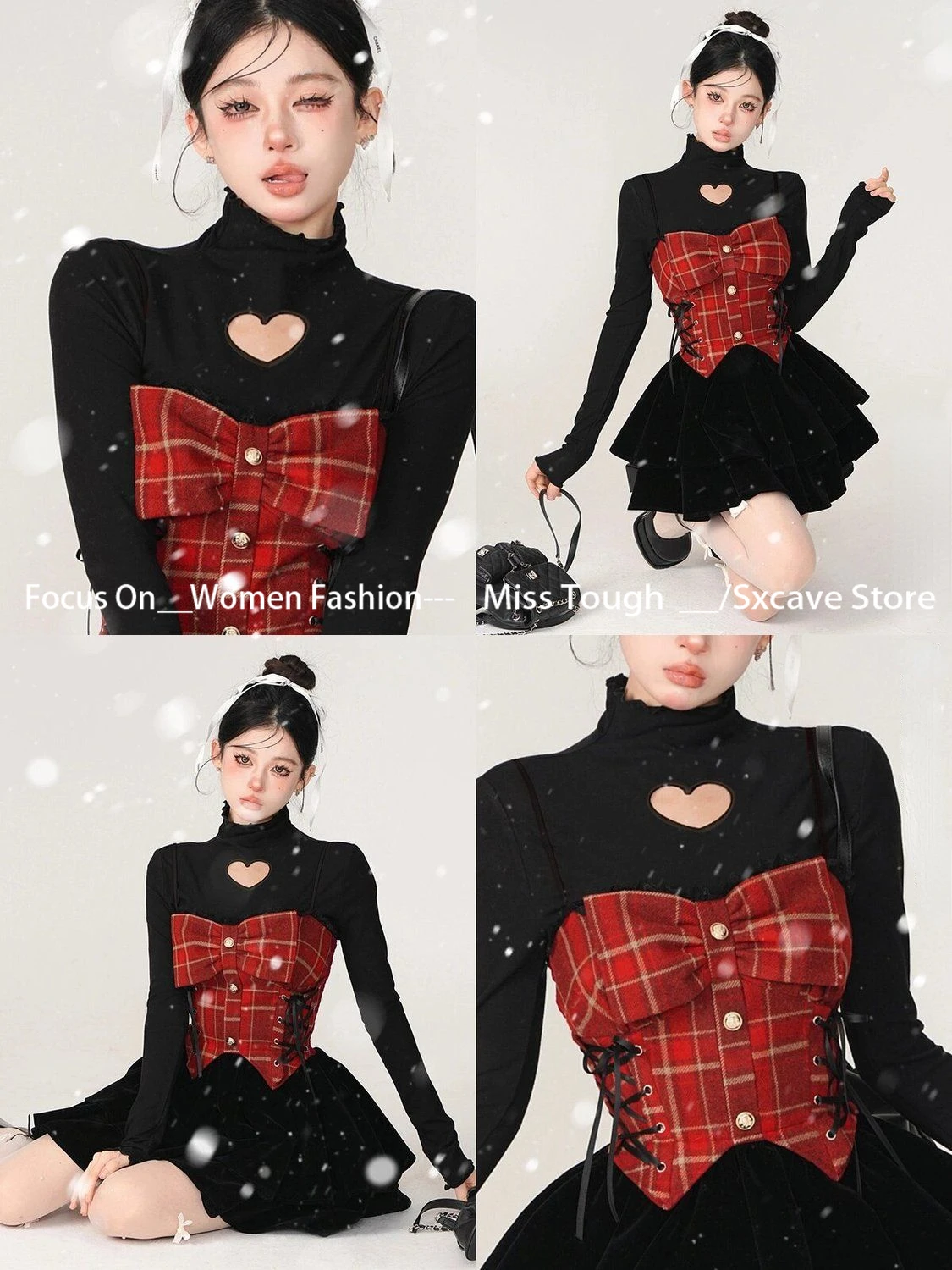 2 Piece Dress Set Autumn Women Gyaru Y2k 2000s Vintage Evening Suit Outfits Long Sleeve T-Shirts + Mini Plaid Patchwork Dress