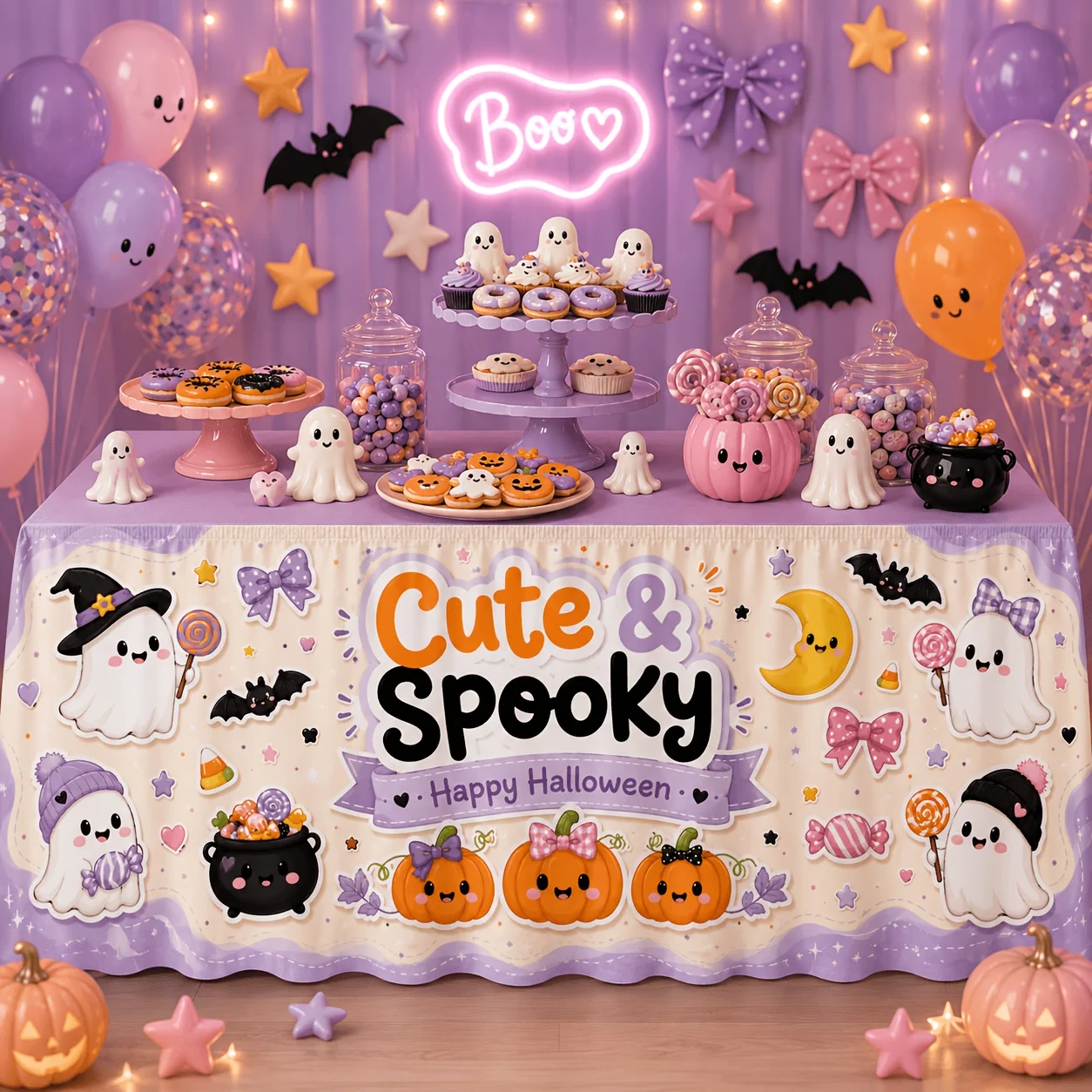 One tablecloth or table skirt, featuring cute and eerie Halloween pumpkin-shaped large bat, suitable for Halloweenzyc