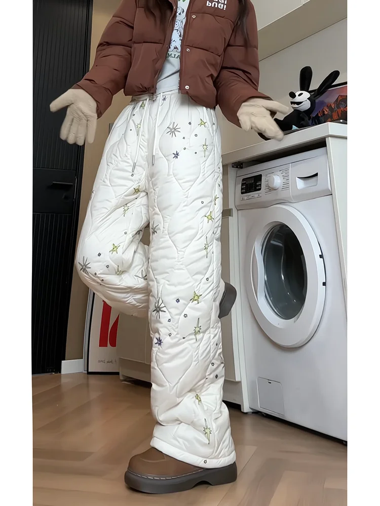 

Thi Cotton Pants Winter Warm Anti-Cold Straight Leg Trousers for Couples Gourd Pattern Print Casual Loose Fit Long Trousers