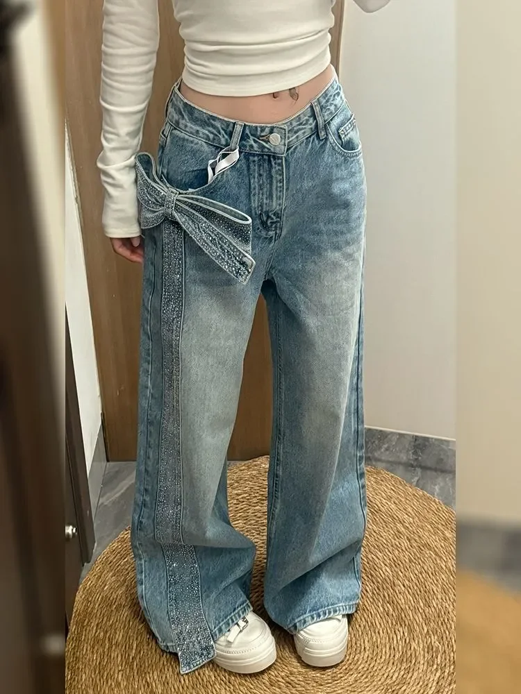 2026 Spring Women 3D Bow Rhinestone Jeans American Vintage Y2K Streetwear Fashion Slim Fit Extended Floor-Length Denim Pants