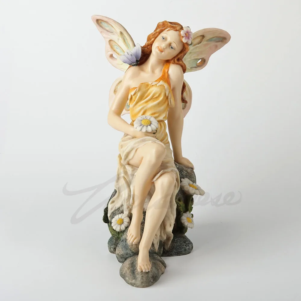 Sitting Yellow Dress Flower Fairy Resin Figurine Sleeping Elf Lady Statue Outdoor Garden Desktop Ornament Home Wedding Art Decor