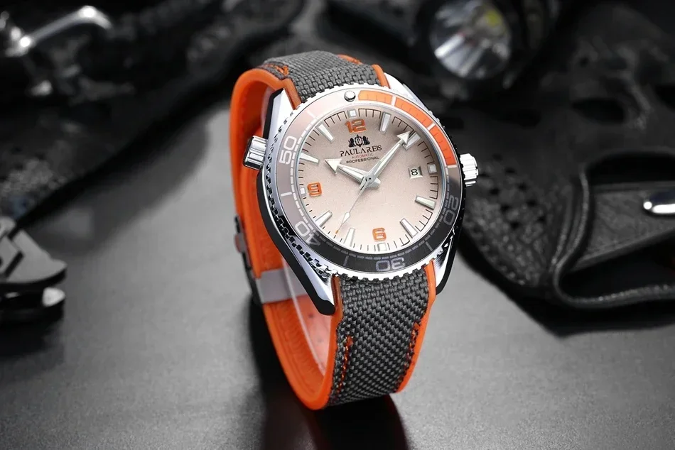 Automatic Watch for Men Mechanical Movement Canvas Rubber Strap Orange Blue Red Luxury Reloj Hombre Baratos