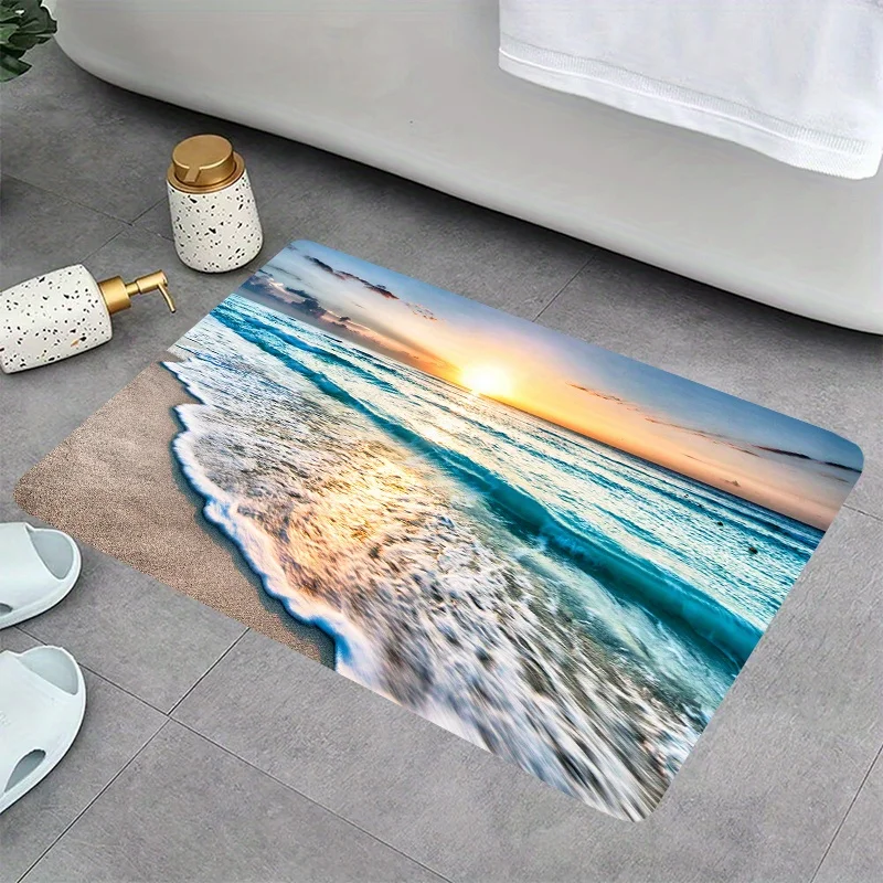 Sunset Beach 3D Printed Flannel Rug Bathroom Mat Ocean View Home Decor Coastal Theme Sea Waves Pattern Toilet Floor Entrance Art