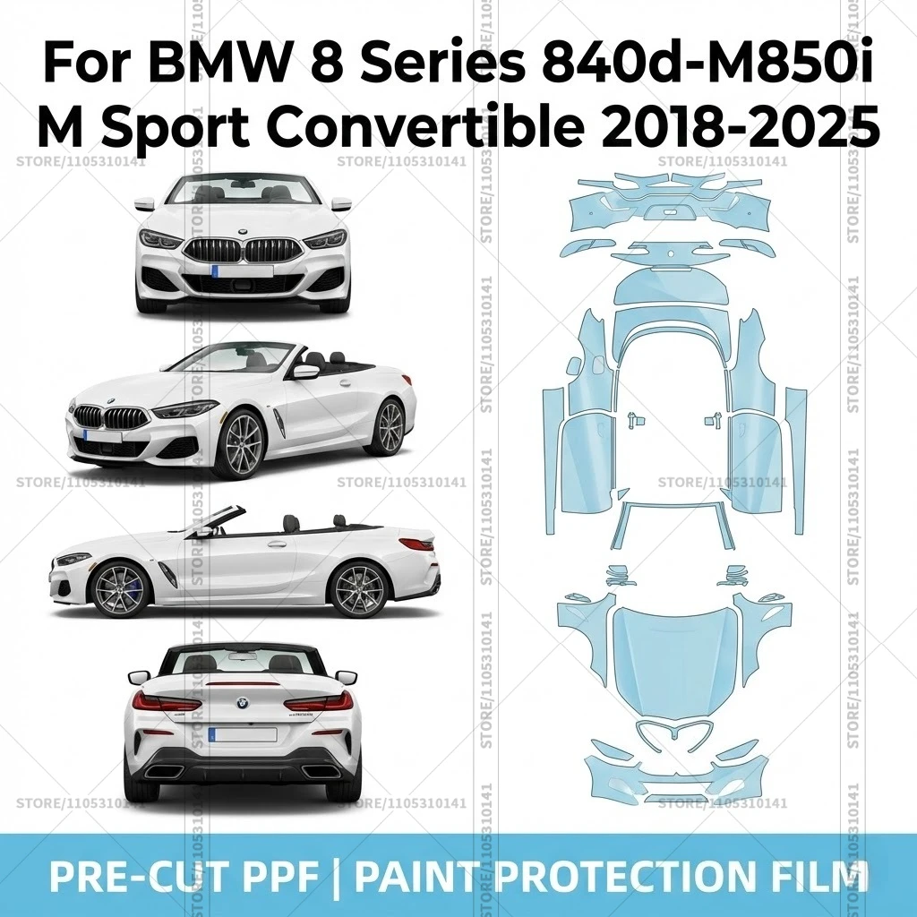 

Для BMW 8 серии 840d-M850i M Sport Convertible 2018-2025: Предварительно вырезанная прозрачная защитная пленка (PPF) для автомобиля