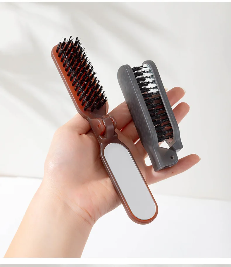 1Pc Faltbare Borsten Kamm mit Spiegel Mähne Borsten Haar Pinsel Tragbare Tasche Faltbare Reise Massage Salon Haar Styling werkzeug – Detail 12