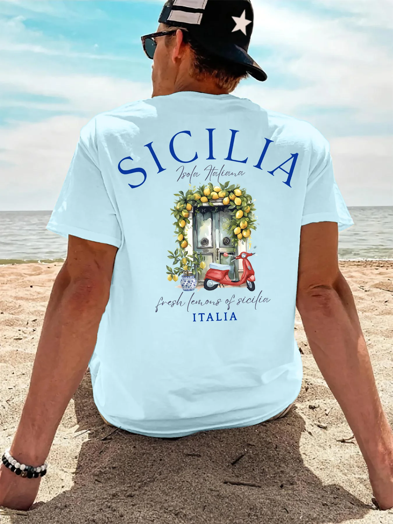 Men's 100% Cotton Summer Round-neck Short-Sleeved T-Shirt - Sicily Italian Lemon Print Comfortable Soft Breathable and Relaxing