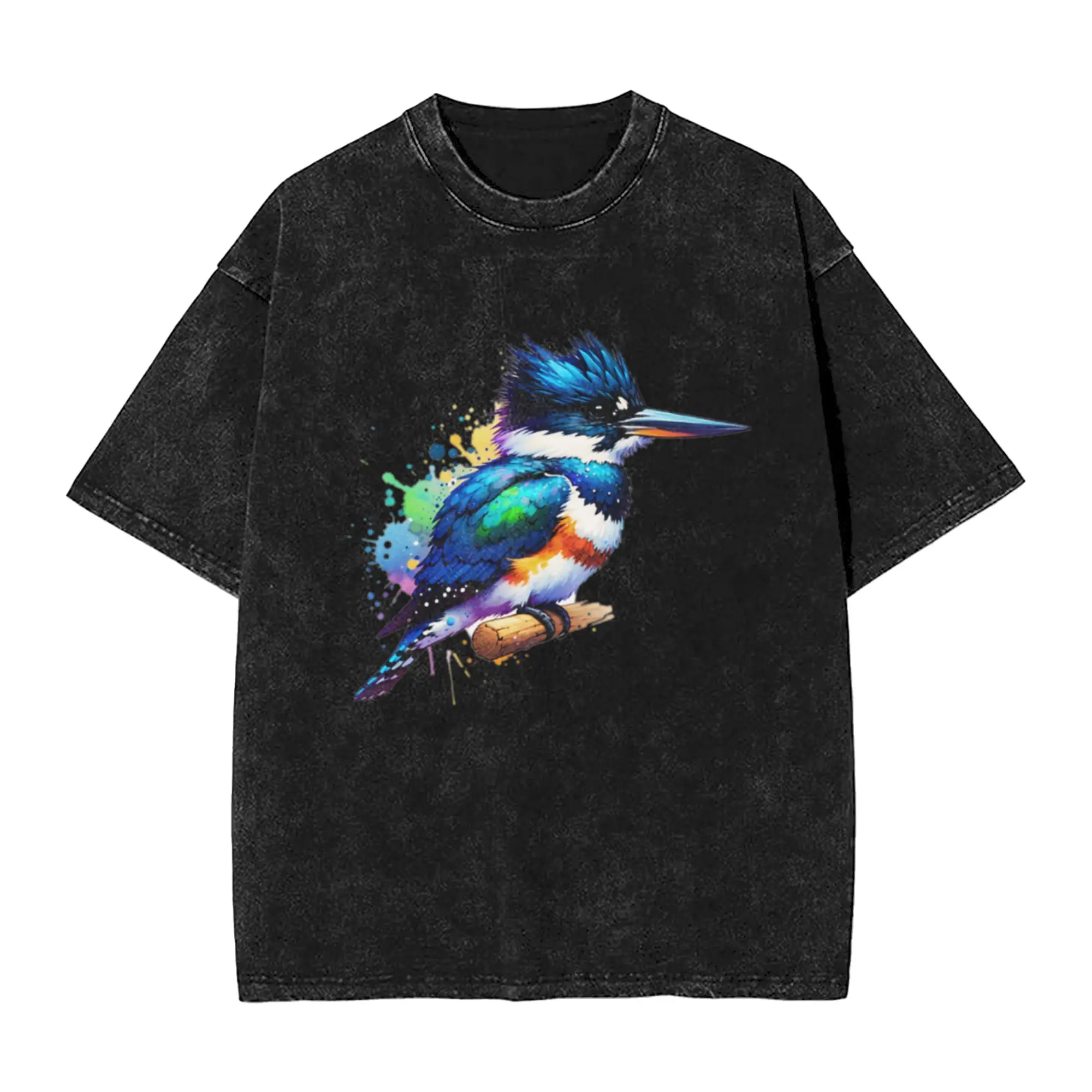 Watercolor Belted Kingfisher  Unique Chic A T-Shirt Oversized Short Sleeve Men's Women's Cotton Tees Tops