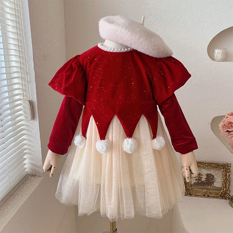 2025 New Fashion Baby Red Christmas Dresses Velvet Patchwork Mesh A-line Princess Dress Winter Bow Sequin Dress for Girls'