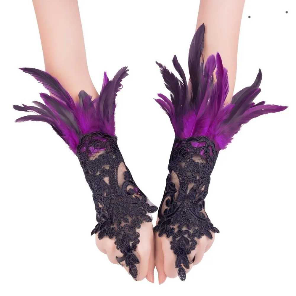 Creative Wristband Halloween Feather Gloves Retro Gothic Feather Lace Glove Dark Embroidery Women Halloween Cuffs Ball