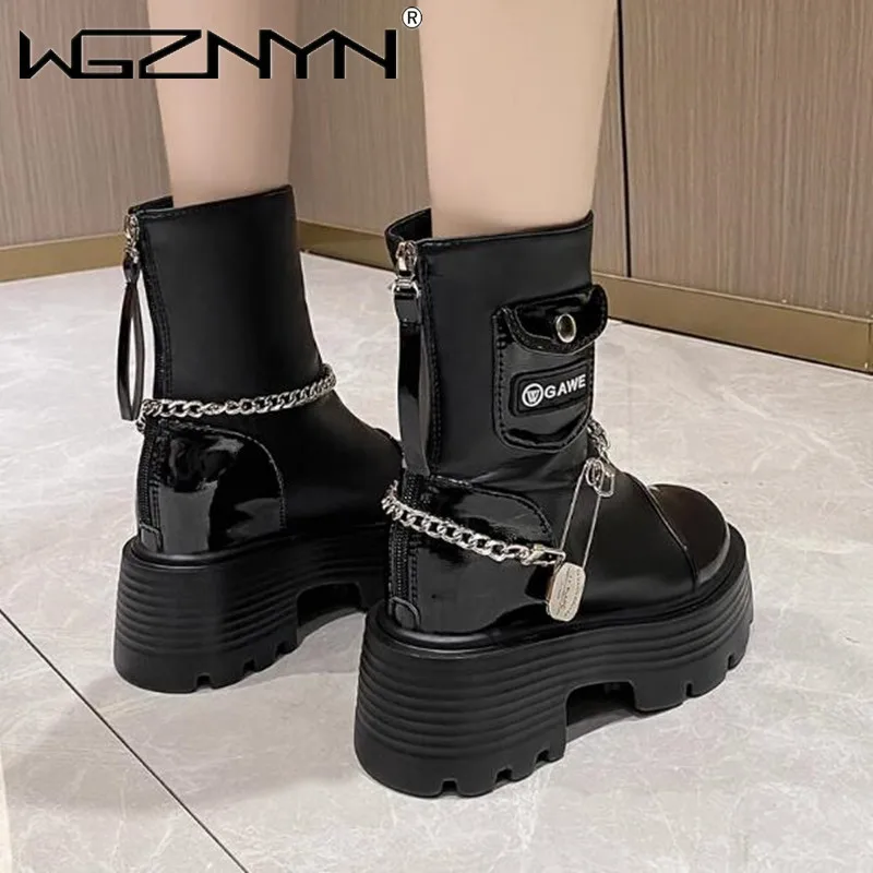 9CM Chunky High Heels Ankle Boots Women New 2024 Winter Platform Motorcycle Boots Woman Zipper Non Slip PU Leather Botas Mujer