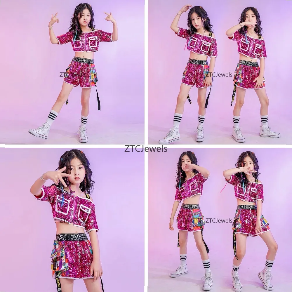 

Sparkle Rose Sequin Hip Hop Dance Costume for Girls Jazz Ballroom Performance Wear Top and Shorts Set
