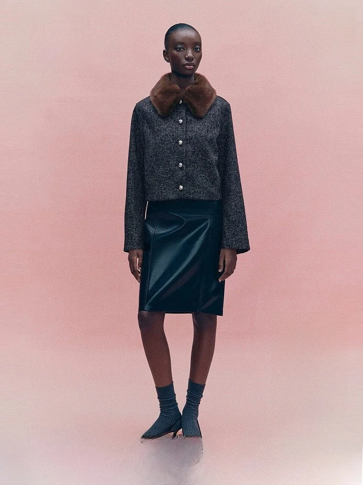 

Ele зимнее женское пальто с меховым воротником, бархатное пальто H&M, женское пальто из смеси полиэстера и вискозы