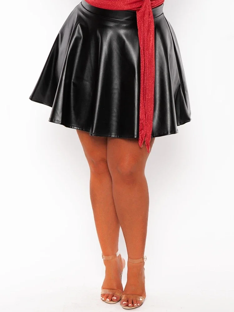 Women Plus Size Matte Leather Flare Skirts 7XL High Waist PU Pleated Skirt 8XL Ladies Elegant A-line Skirt 9XL Streetwear Custom