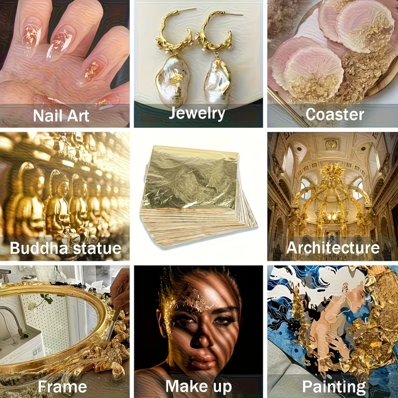 Set of 100Pcs Imitation Gold Foil Paper Sheets, DIY Gilding Flakes for Resin Crafts, Nail Art, Scrapbooking Decor