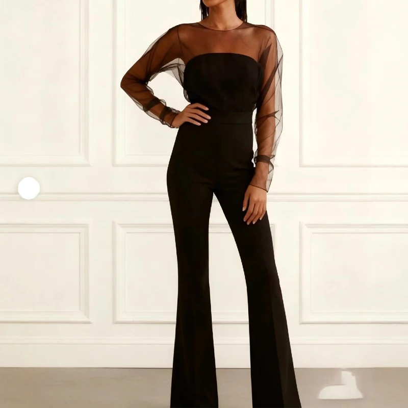 

New Spring Black Slim Fit Women's Jumpsuit Fashion O Neck Long Sleeved Commuting Romper Mesh Patchwork High Waist Party Playsuit