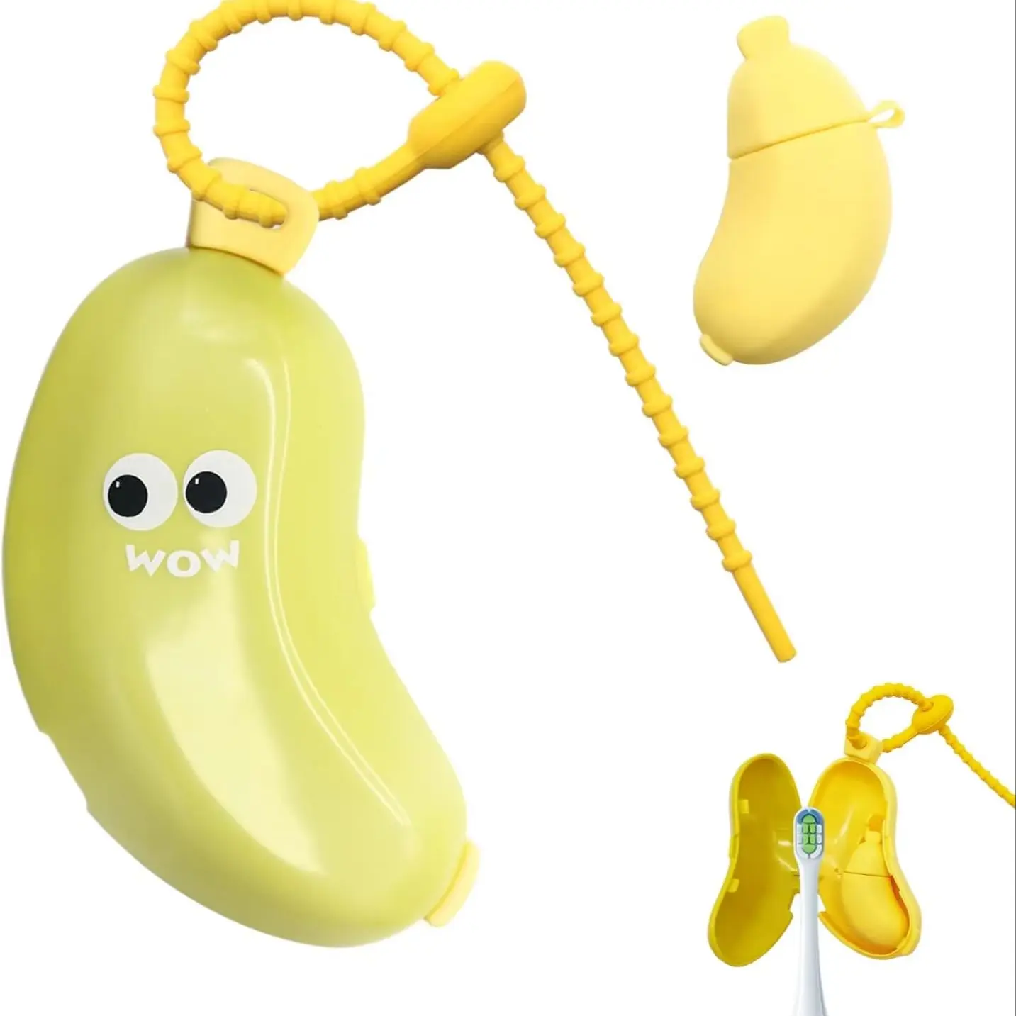 Banana-Shaped Travel Toothbrush Case, 2-in-1 with Toothpaste Dispenser & Hanging Rope, Portable for Electric & Manual Toothbrush