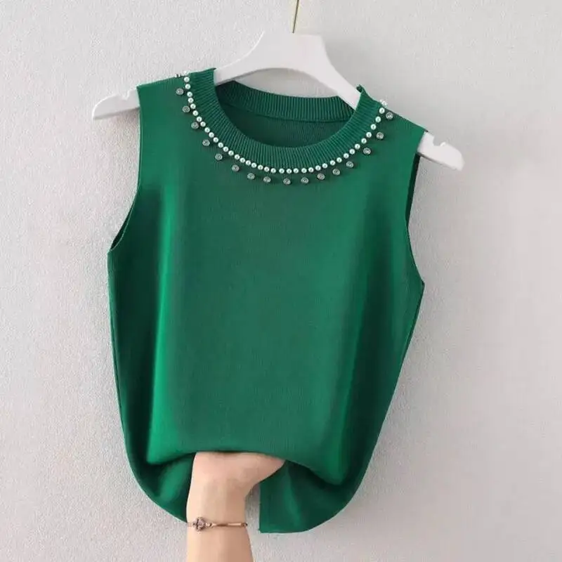 Lucyever Sommer Gestrickte Westen Für Frauen Koreanische Mode Perle Dekoration O Neck Tanks Top Frau Elastische Dünne Ärmelloses T-shirt