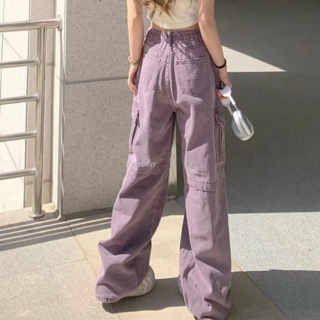 2024 High Waisted Wide Leg Pant Vintage Loose Denim Cargo Pants For Women Purple Full Length Hip Hop Style Street Dance Trousers