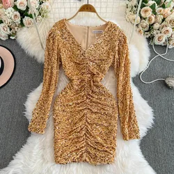 Vintage Elegant v neck lool Sleeve Sequin Slim velvet fold Dress French Vestidos Autumn Winter Dresses