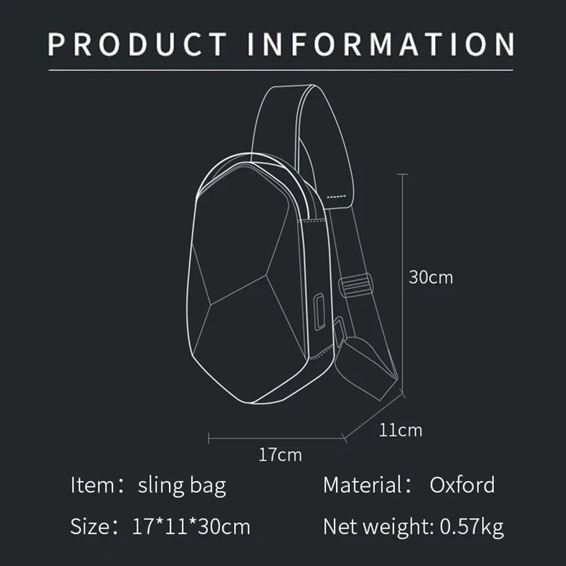 BANGE EVA Hard Shell Design Crossbody Anti-Theft Waterproof Bag with USB Charging Casual Travel Handbag Hard Case Chest Bag Male
