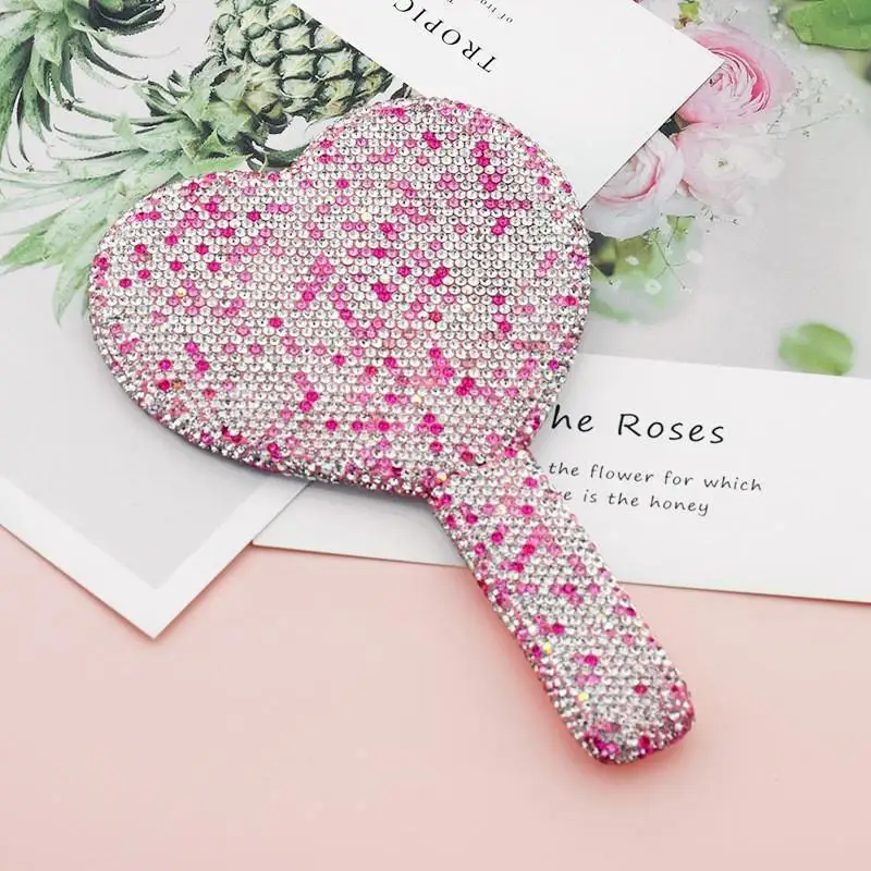 Hochwertiger herzförmiger Handspiegel mit Diamanten für einfache Make-up-Reparatur, hochauflösender Spiegel, leichter Luxus-Griffspiegel