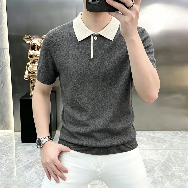 Summer Men's Color-Plaid Collar Short-Sleeved Knitted Stretch Casual Multi-Functional Lightweight