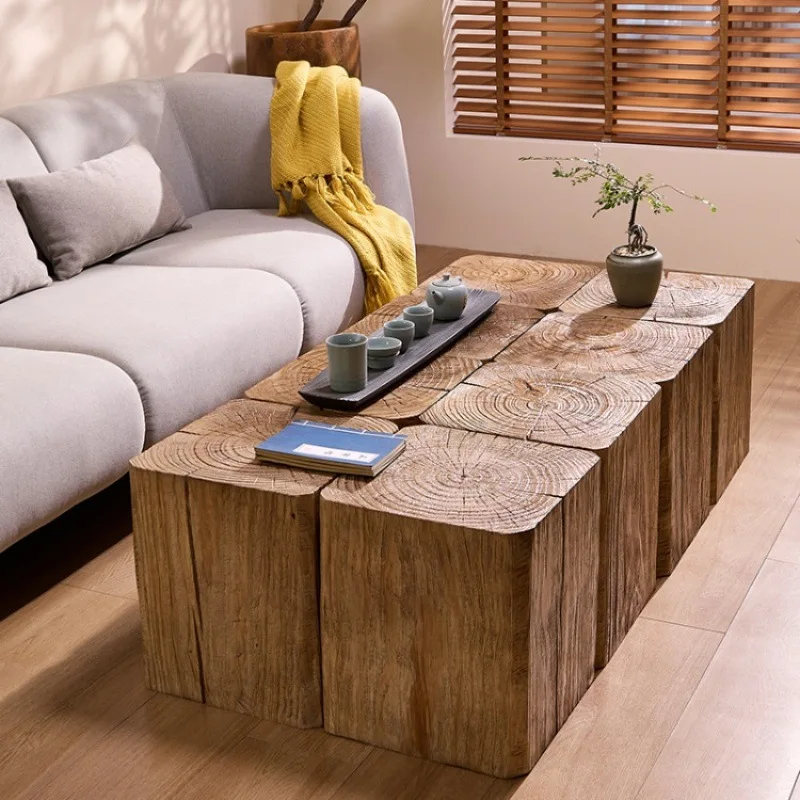Wooden pier, stump base ornament, solid wood entrance table, living room combination coffee table