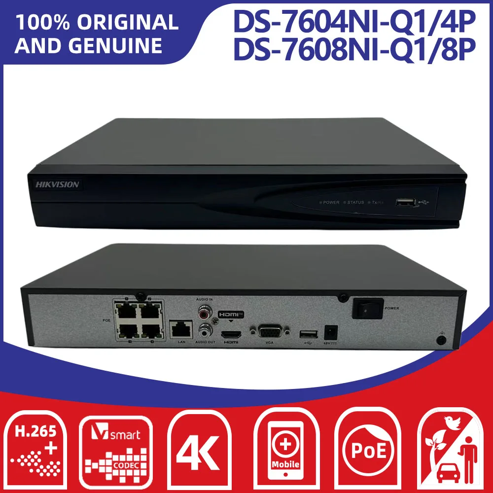 Hikvision DS-7604NI-Q1/4P(D) DS-7608NI-Q1/8P(D) 4CH 8CH PoE NVR 4K Network Video Recorder H.265+ CCTV Security System