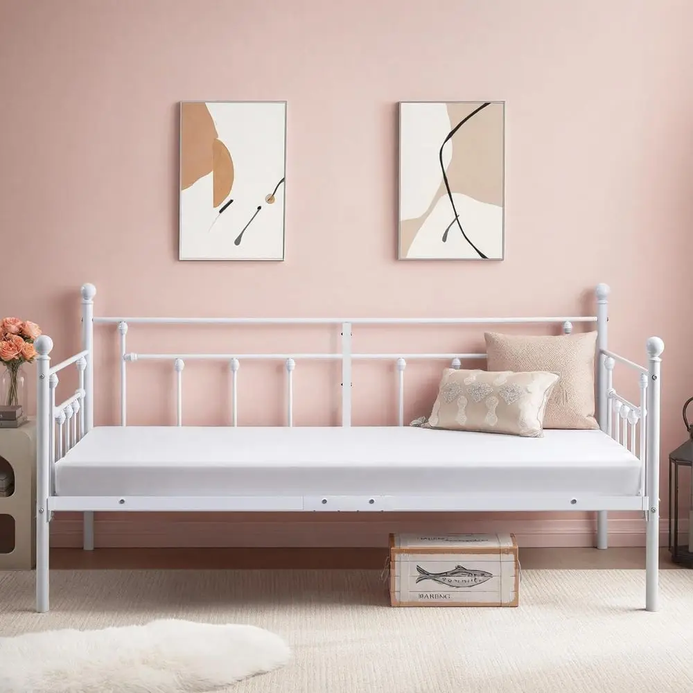 

Белая двуспальная кушетка с металлической опорой и изголовьем, простая сборка, идеально подходит для гостиной или гостевых комнат