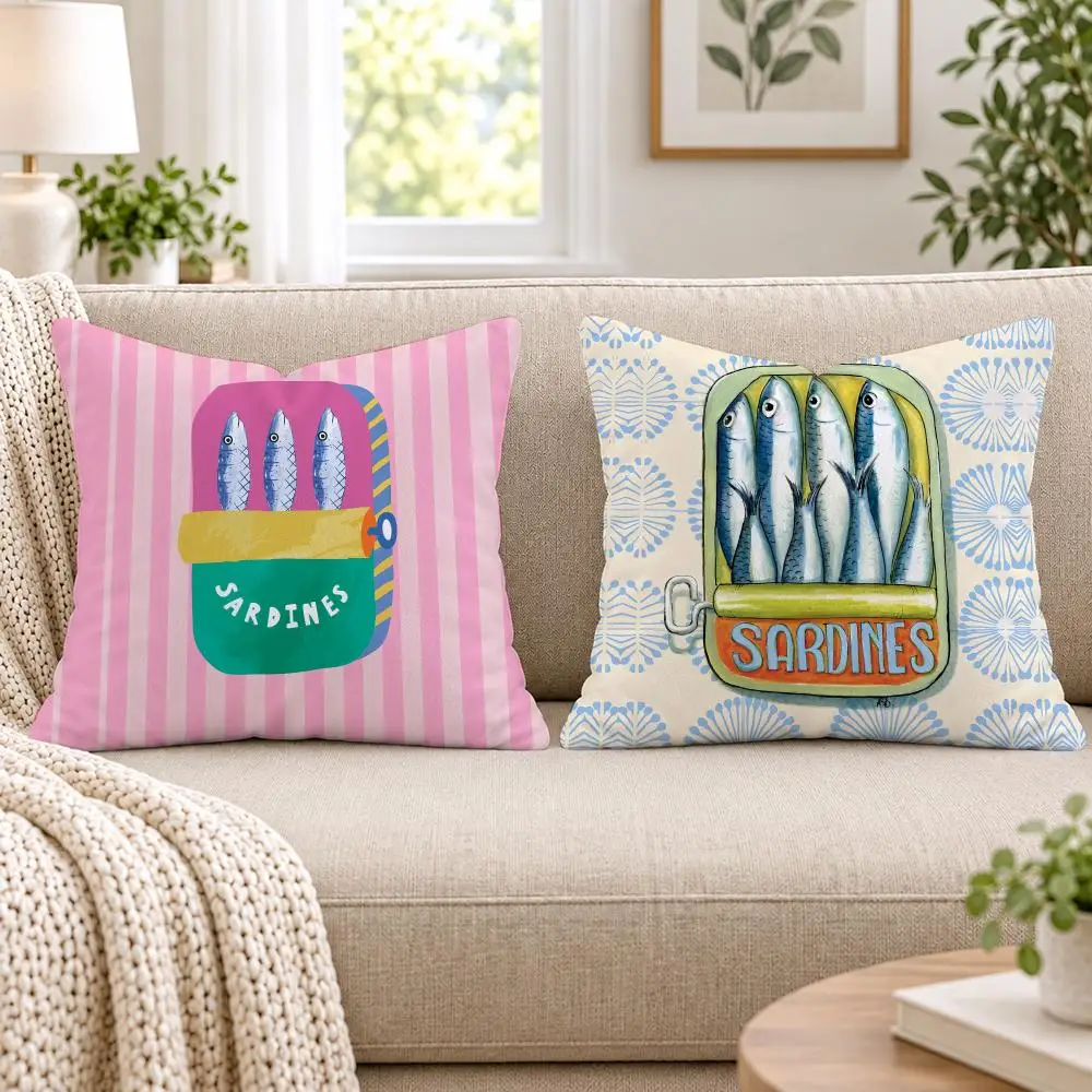 Bright Sardine Can On Pink Stripes Cushion Cover Short Plush Double-Sided Printing Sofa Bedroom Pillow Case Aesthetic Home Decor