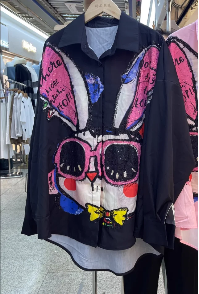 

Trendy Long Sleeve Female Blouses Hip-hop Sequins Cartoon Loose Cardigans Top New Spring Autumn Single-breasted Women Shirts