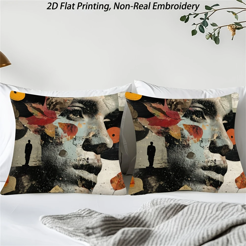 1pc Music Art Collage Portrait Pillow Cover, Polyester 2-Sided Print, Retro Vinyl & Leaf Mixed Media Art Cushion, Music Lover Ho