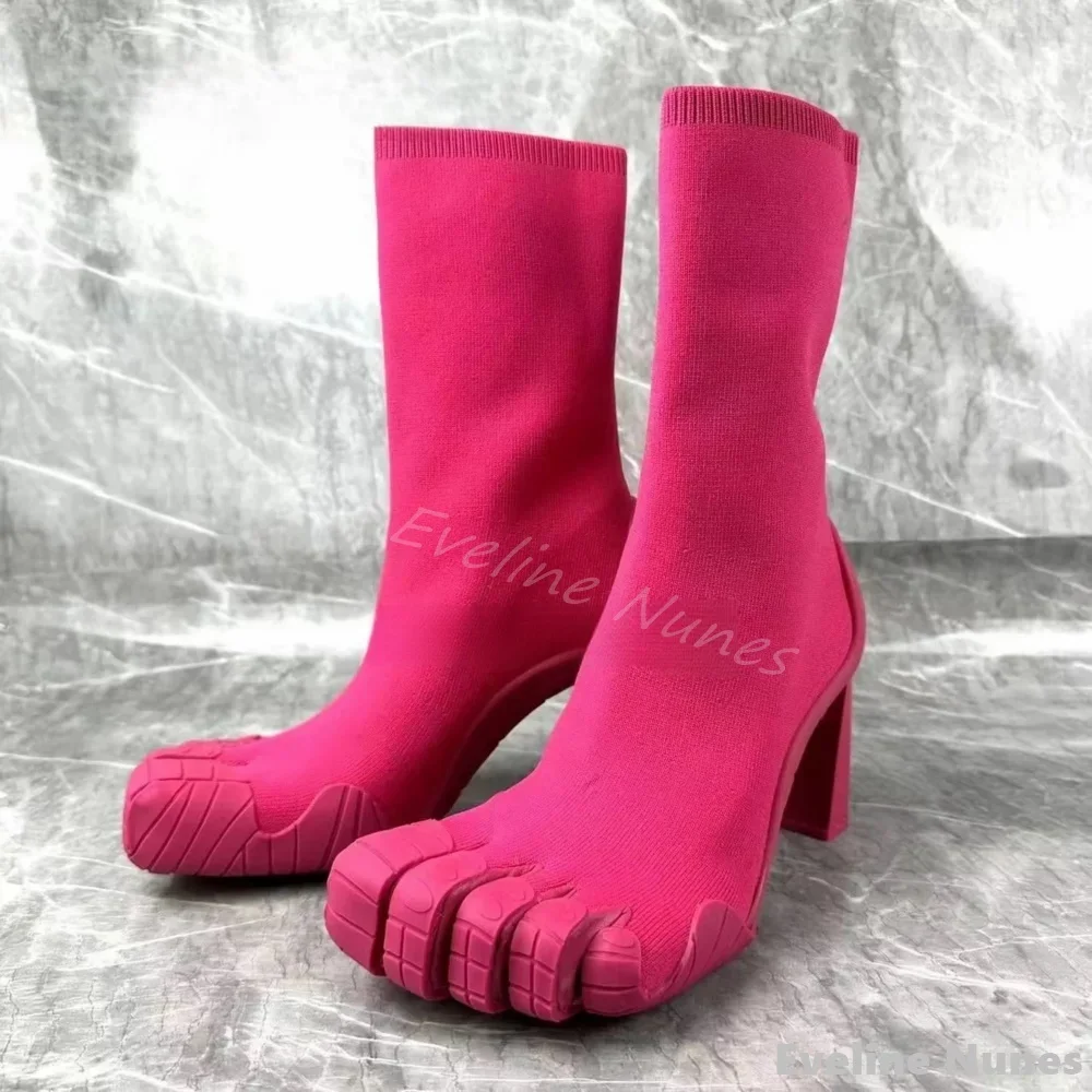 Rose Red Five Finger Elastic Boots Women Black Leather Split Toe Square Heel Modern Side Zipper Mixed Color Mid Calf Sexy Boots